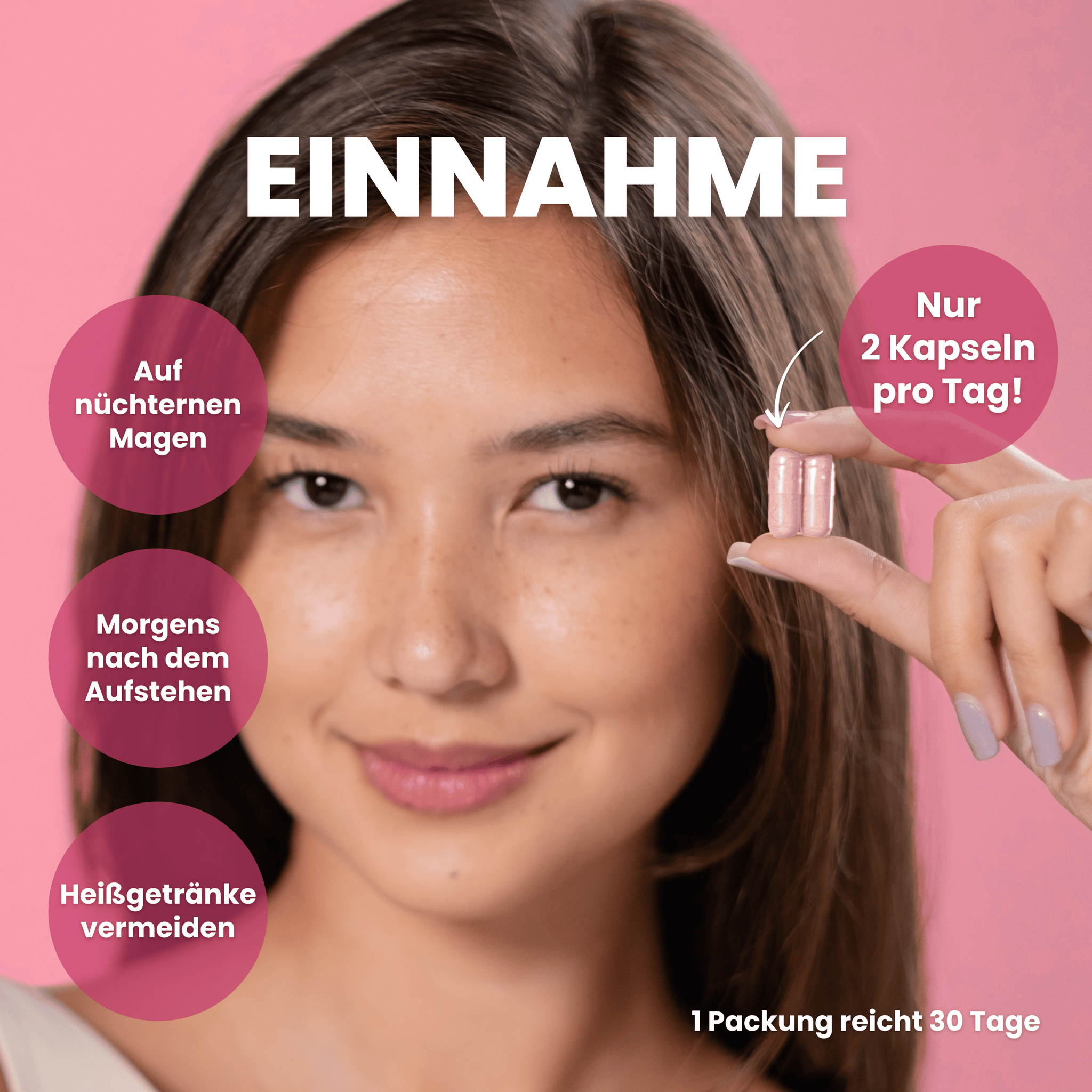 Frau hält zwei Kapseln in der Hand mit Hinweisen zur Einnahme der Kapseln